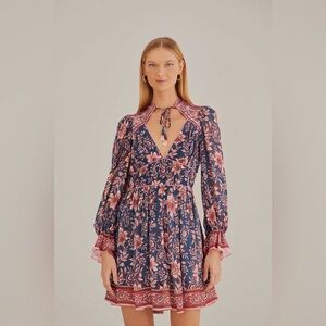 Farm Rio Teal Ainika Charm Long Sleeve Mini Dress